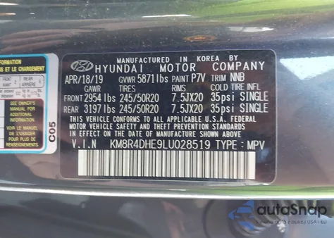 2020 Hyundai Palisade Sel z USA, uszkodzony, nr VIN KM8R4DHE9LU028519